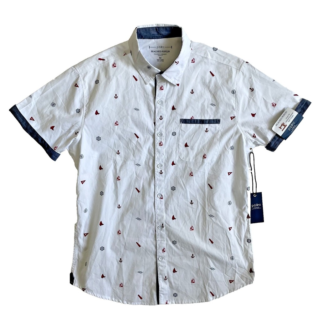 PD&C Peach Poplin Mens Classic Fit Short Sleeve White Nautical‎ Print Shirt, M